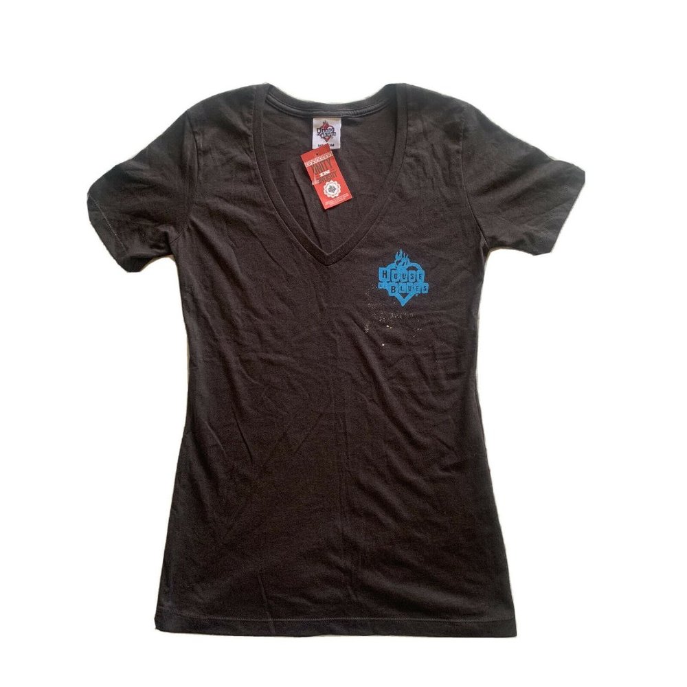 NWT HOUSE OF BLUES Ladies Guitar Black V-Neck Graphic T-Shirt Size Medium M